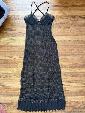 Vintage Moschino Couture Black Polka Dot Lace Slip Maxi Dress Mesh sheer S